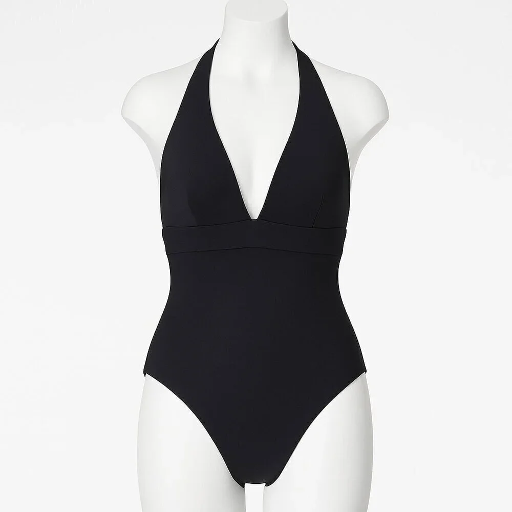 Summersalt Halter Plunge V-Neck Beach Vacation One-Piece Swimsuit Black 14
